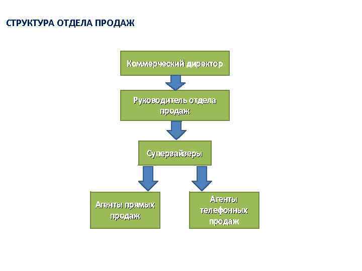  СТРУКТУРА ОТДЕЛА ПРОДАЖ Коммерческий директор Руководитель отдела продаж Супервайзеры Агенты прямых продаж Агенты