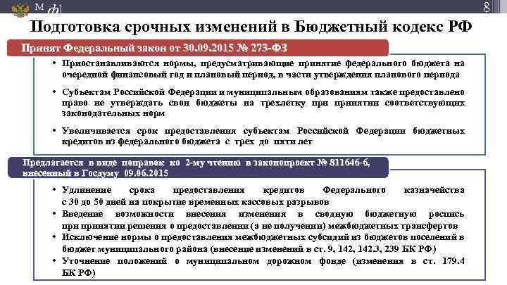 М ф] Подготовка срочных изменений в Бюджетный кодекс РФ Принят Федеральный закон от 30.