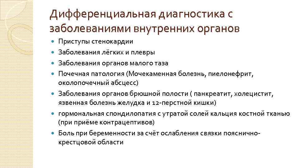Дифференциальная диагностика с заболеваниями внутренних органов Приступы стенокардии Заболевания лёгких и плевры Заболевания органов