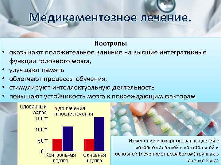 Медикаментозное лечение. • • • Ноотропы оказывают положительное влияние на высшие интегративные функции головного