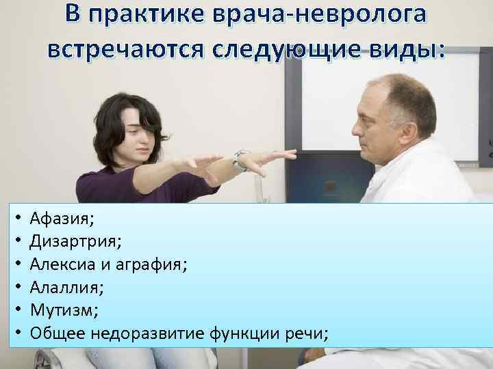 В практике врача-невролога встречаются следующие виды: • • • Афазия; Дизартрия; Алексиа и аграфия;