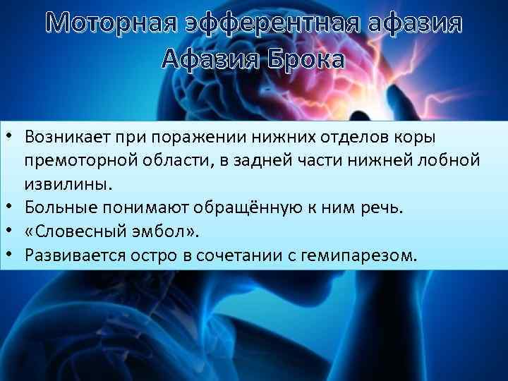 Моторная эфферентная афазия Афазия Брока • Возникает при поражении нижних отделов коры премоторной области,