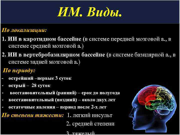ИМ. Виды. По локализации: 1. ИИ в каротидном бассейне (в системе передней мозговой а.