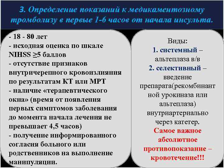 3. Определение показаний к медикаментозному тромболизу в первые 1 -6 часов от начала инсульта.