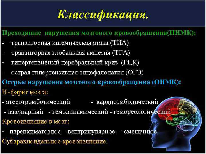 Классификация. Преходящие нарушения мозгового кровообращения(ПНМК): - транзиторная ишемическая атака (ТИА) - транзиторная глобальная амнезия