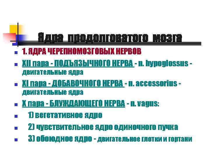 Ядра продолговатого мозга n n 1. ЯДРА ЧЕРЕПНОМОЗГОВЫХ НЕРВОВ XII пара - ПОДЪЯЗЫЧНОГО НЕРВА