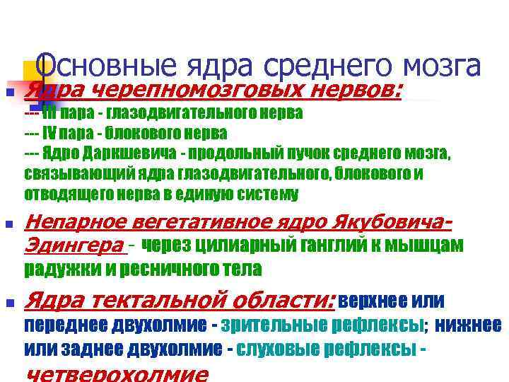 Основные ядра среднего мозга n Ядра черепномозговых нервов: --- III пара - глазодвигательного нерва