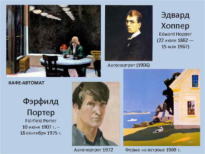 Эдвард Хоппер Edward Hopper (22 июля 1882 — 15 мая 1967) Автопортрет (1906) КАФЕ-АВТОМАТ