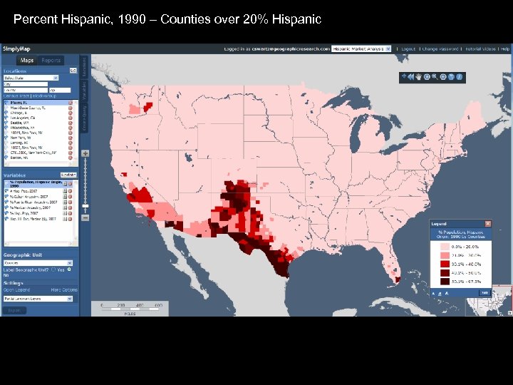 Percent Hispanic, 1990 – Counties over 20% Hispanic 