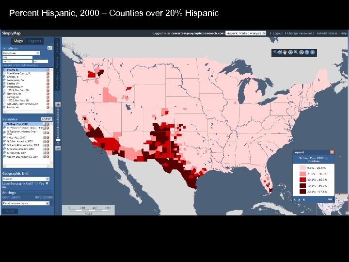 Percent Hispanic, 2000 – Counties over 20% Hispanic 