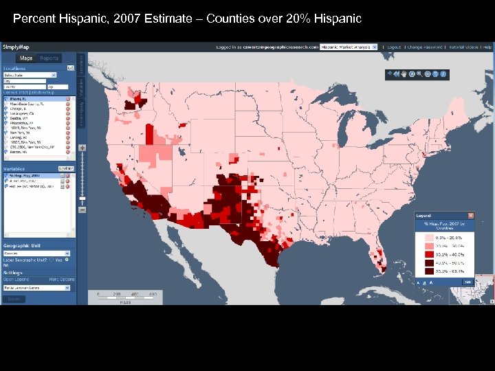 Percent Hispanic, 2007 Estimate – Counties over 20% Hispanic 