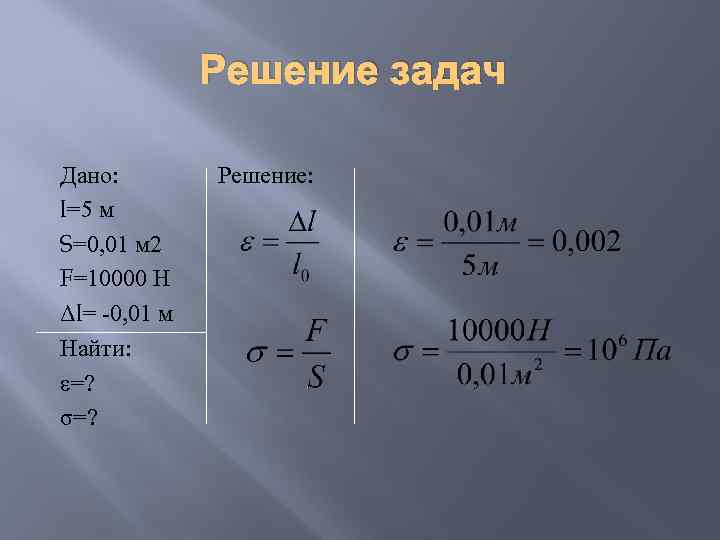 Решение задач Дано: Решение: l=5 м S=0, 01 м 2 F=10000 Н Δl= 0,