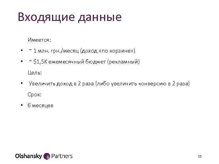 Входящие данные Имеется: • ~ 1 млн. грн. /месяц (доход «по корзине» ) •