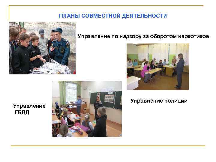ПЛАНЫ СОВМЕСТНОЙ ДЕЯТЕЛЬНОСТИ Управление по надзору за оборотом наркотиков Управление ГБДД Управление полиции 