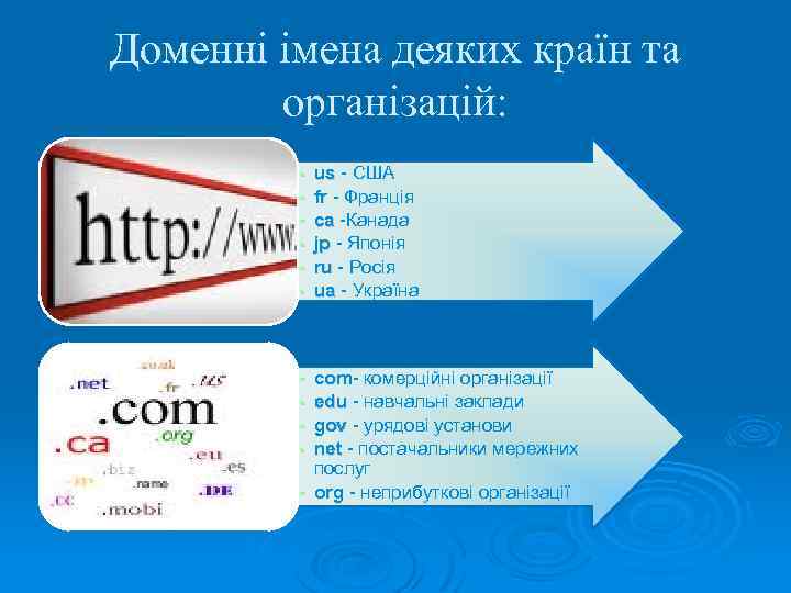 Доменні імена деяких країн та організацій: • • • us - США fr -