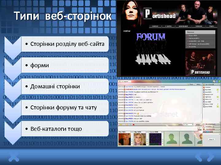 Типи веб-сторінок 1011011011110011010110011101010001110110111011011110011010110011 • Сторінки розділу веб-сайта 1010100011101101110110111100110101100111010100011101101110110111100110101100111010100011101101101111001101011001110101000111011011101101111001101011001110101000111011011101101111001101 • форми 0110011101010001110110111011011110011010110011101010001110110111011011110011010110011101010001110 1011011011110011010110011101010001110110111011011110011010110011 • Домашні