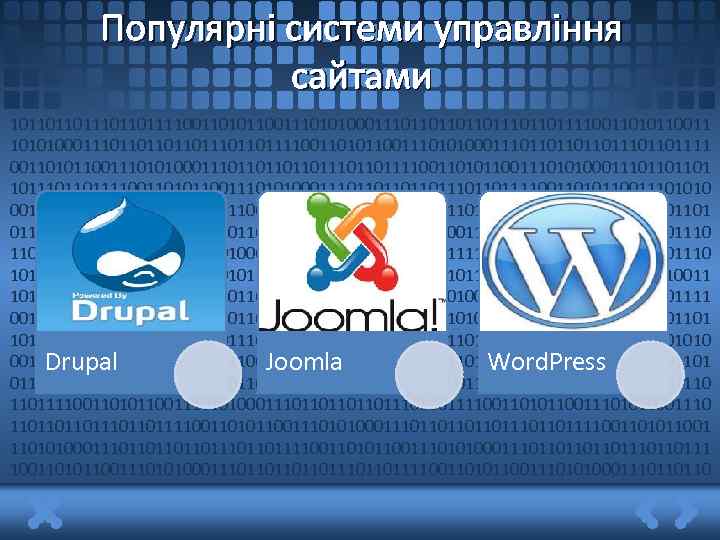Популярні системи управління сайтами 101101101111001101011001110101000111011011101101111001101011001110101000111011011101101111 00110101100111010100011101101110110111100110101100111010100011101101101111001101011001110101000111011011101101111001101011001110101000111011011101101111001101 0110011101010001110110111011011110011010110011101010001110110111011011110011010110011101010001110 101101101111001101011001110101000111011011101101111001101011001110101000111011011101101111 00110101100111010100011101101110110111100110101100111010100011101101101111001101011001110101000111011011101101111001101011001110101000111011011101101111001101 Drupal Joomla Word. Press 0110011101010001110110111011011110011010110011101010001110110111011011110011010110011101010001110