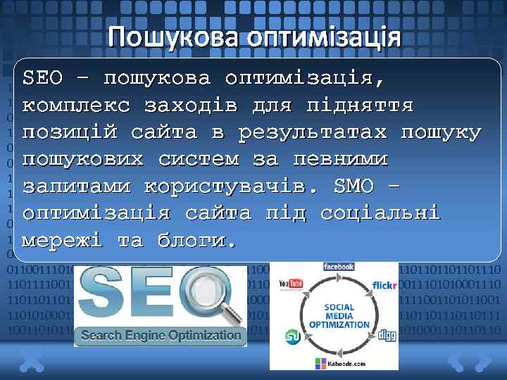 Пошукова оптимізація SEO – пошукова оптимізація, комплекс заходів для підняття позицій сайта в результатах