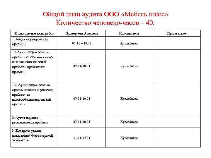 Показатели которые включаются в общий план аудита