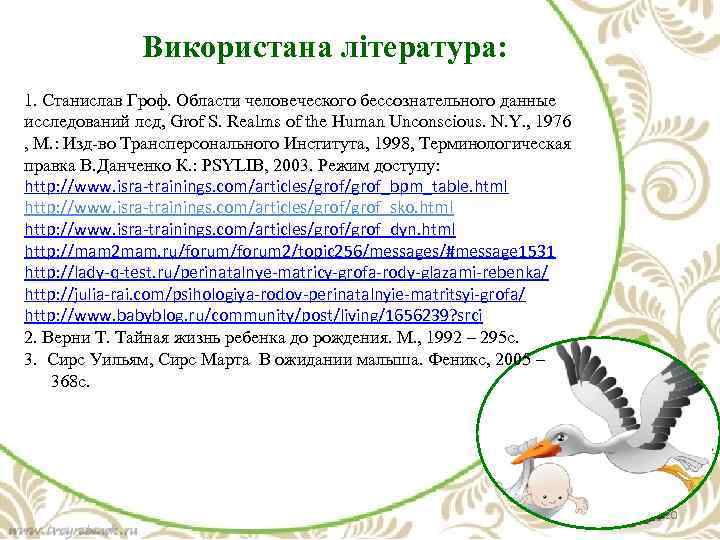 Використана література: 1. Станислав Гроф. Области человеческого бессознательного данные исследований лсд, Grof S. Realms