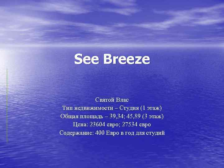 See Breeze Святой Влас Тип недвижимости – Студия (1 этаж) Общая площадь – 39,