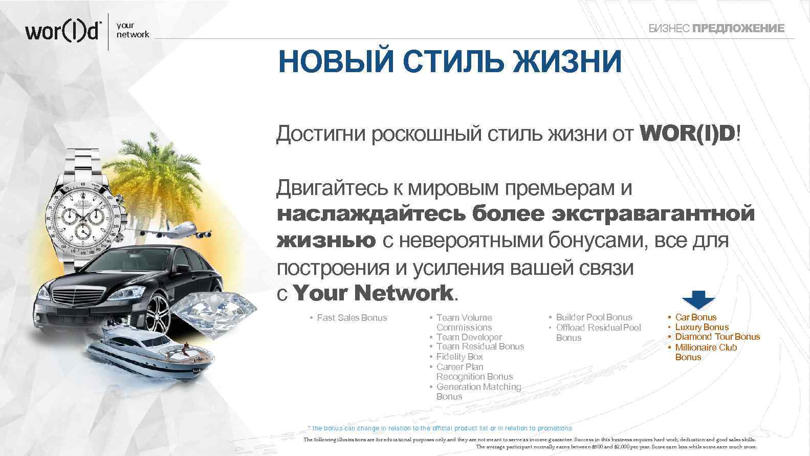 your network БИЗНЕС ПРЕДЛОЖЕНИЕ НОВЫЙ СТИЛЬ ЖИЗНИ Достигни роскошный стиль жизни от WOR(l)D! Двигайтесь