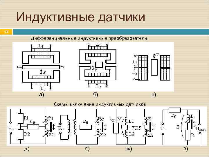 Индуктивные датчики. 13 Дифференциальные индуктивные преобразователи а) б) в) Схемы включения индуктивных датчиков д)