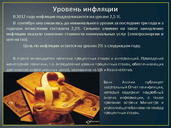 Уровень инфляции В 2012 году инфляция поддерживается на уровне 2, 5 %. В сентябре