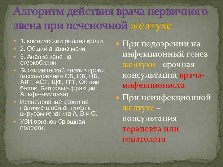 Алгоритм действия врача первичного звена при печеночной желтухе 1. клинический анализ крови 2. Общий