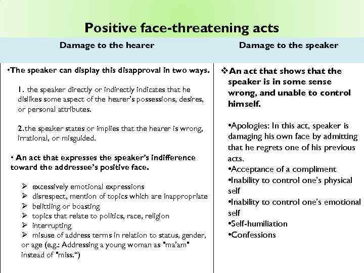 Positive face-threatening acts Damage to the hearer • The speaker can display this disapproval