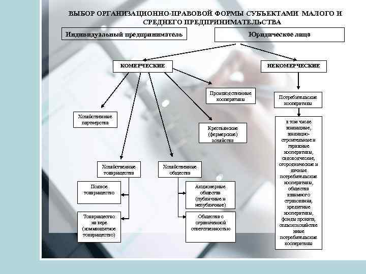 ВЫБОР ОРГАНИЗАЦИОННО-ПРАВОВОЙ ФОРМЫ СУБЪЕКТАМИ МАЛОГО И СРЕДНЕГО ПРЕДПРИНИМАТЕЛЬСТВА Индивидуальный предприниматель Юридическое лицо НЕКОМЕРЧЕСКИЕ Производственные
