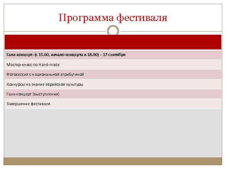 Программа фестиваля Гала-концерт: (с 15. 00, начало концерта в 18. 00) – 17 сентября