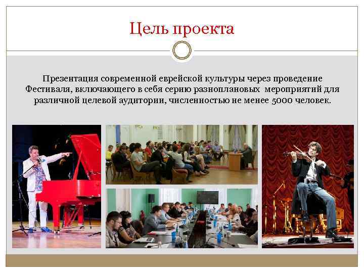 Цель проекта Презентация современной еврейской культуры через проведение Фестиваля, включающего в себя серию разноплановых