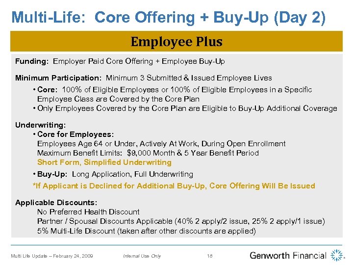 Multi-Life: Core Offering + Buy-Up (Day 2) Employee Plus Funding: Employer Paid Core Offering