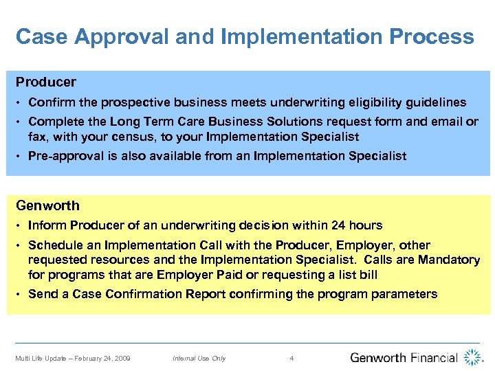 Case Approval and Implementation Process Producer • Confirm the prospective business meets underwriting eligibility