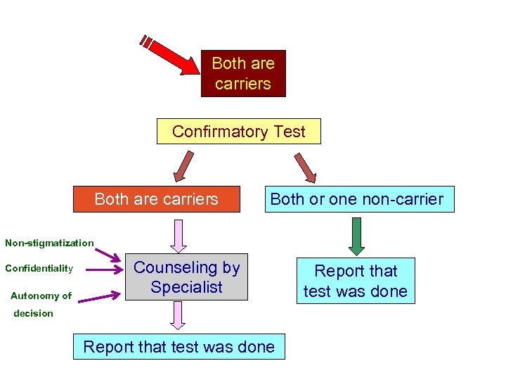 Both are carriers Confirmatory Test Both are carriers Both or one non-carrier Non-stigmatization Confidentiality