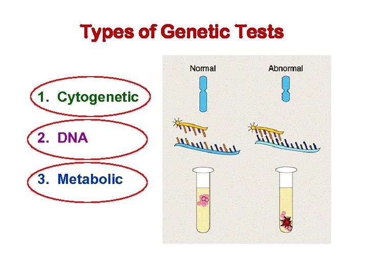 Types of Genetic Tests 1. Cytogenetic 2. DNA 3. Metabolic 