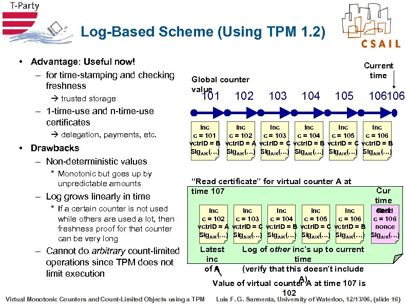 Log-Based Scheme (Using TPM 1. 2) • Advantage: Useful now! – for time-stamping and