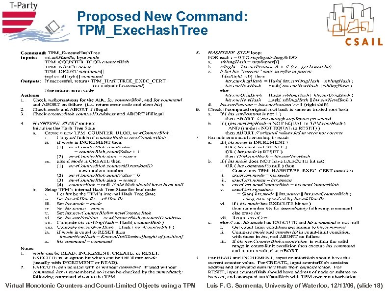 Proposed New Command: TPM_Exec. Hash. Tree Virtual Monotonic Counters and Count-Limited Objects using a