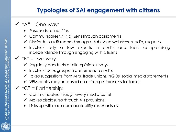 Typologies of SAI engagement with citizens ü “A” = One-way: ü ü Responds to