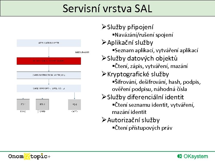 Servisní vrstva SAL ØSlužby připojení §Navázání/rušení spojení ØAplikační služby §Seznam aplikací, vytváření aplikací ØSlužby