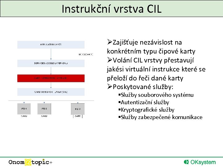 Instrukční vrstva CIL ØZajišťuje nezávislost na konkrétním typu čipové karty ØVolání CIL vrstvy přestavují