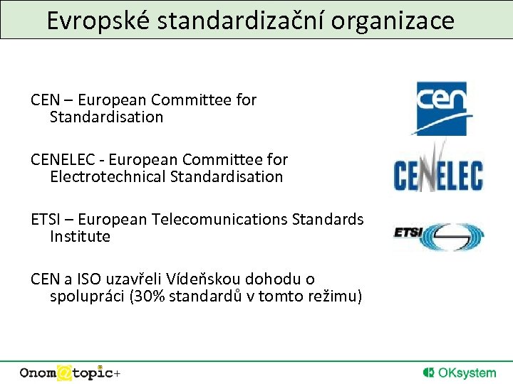 Evropské standardizační organizace CEN – European Committee for Standardisation CENELEC - European Committee for