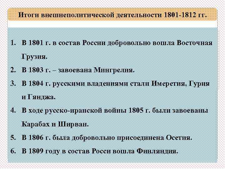 Итоги восточного направления внешней политики. Внешняя политика России 1801-1812 основные направления.