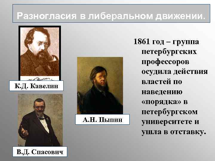 Разногласия в либеральном движении. К. Д. Кавелин А. Н. Пыпин В. Д. Спасович 1861