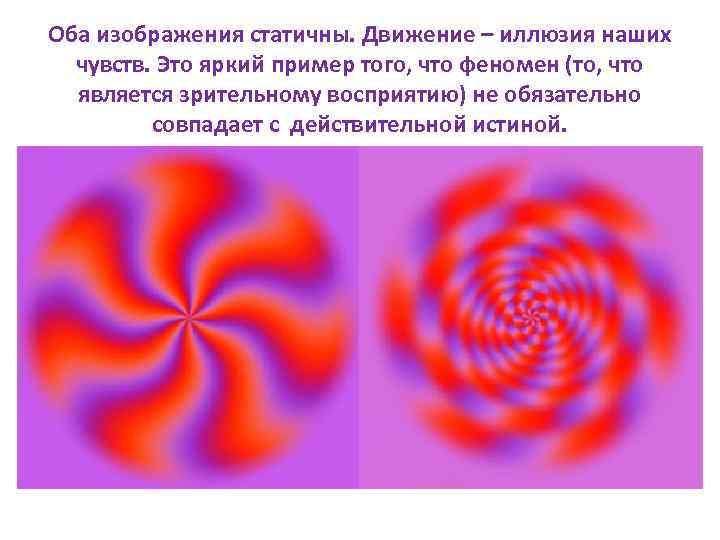 Оба изображения статичны. Движение – иллюзия наших чувств. Это яркий пример того, что феномен
