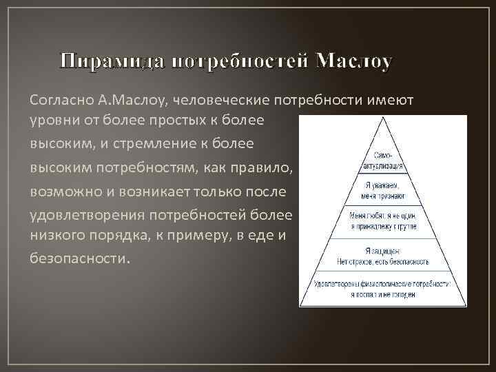 Пирамида потребностей Маслоу Согласно А. Маслоу, человеческие потребности имеют уровни от более простых к