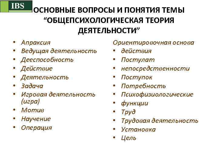 ОСНОВНЫЕ ВОПРОСЫ И ПОНЯТИЯ ТЕМЫ “ОБЩЕПСИХОЛОГИЧЕСКАЯ ТЕОРИЯ ДЕЯТЕЛЬНОСТИ” Апраксия Ведущая деятельность Дееспособность Действие Деятельность