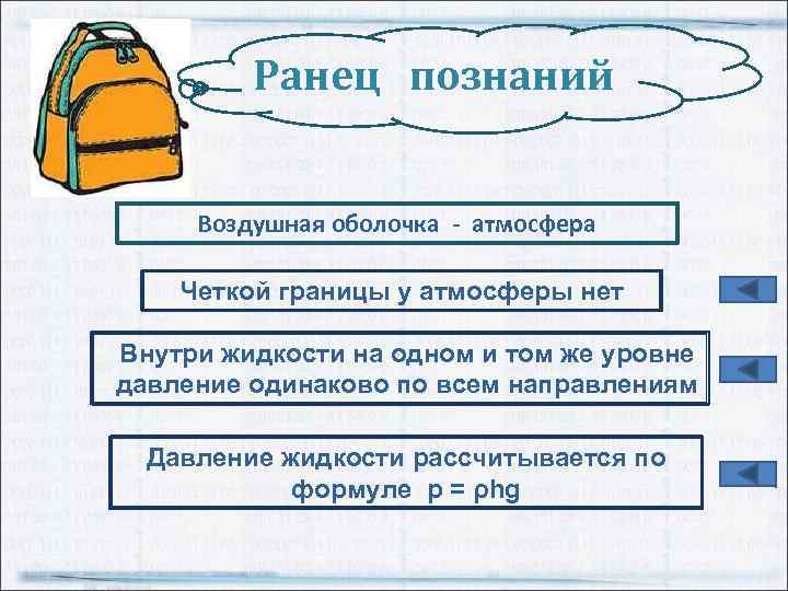 Ранец познаний Воздушная оболочка - атмосфера Четкой границы у атмосферы нет Внутри жидкости на