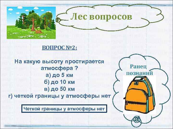 Лес вопросов ВОПРОС № 2: На какую высоту простирается атмосфера ? а) до 5